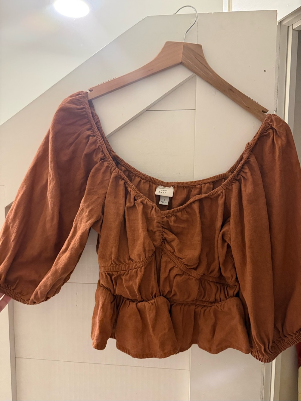 A new day ruched peplum sleeve brown blouse